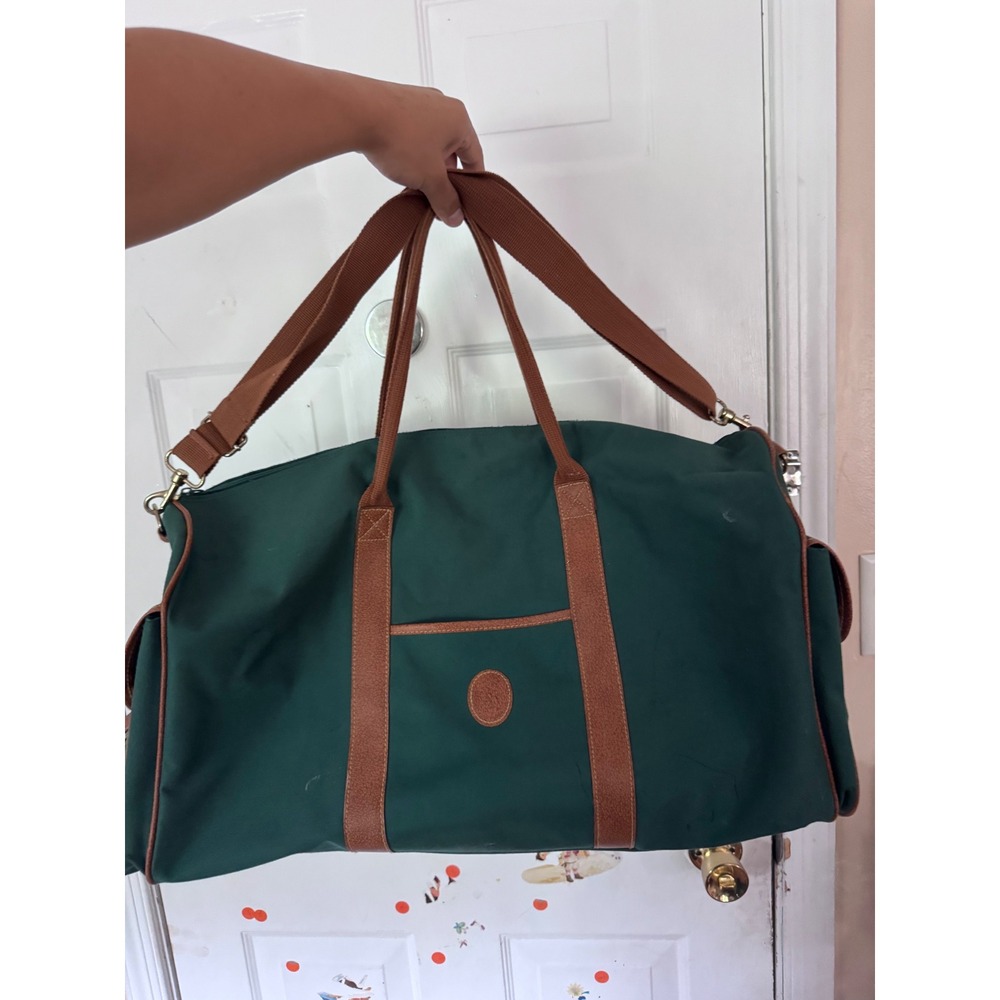 Vintage Forest Green Canvas Duffel Bag Weekender with Tan Trim and Strap